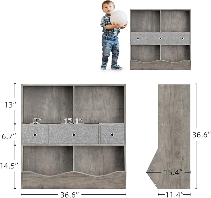 IDEALHOUSE 7-Cubby Large Kids Toy Storage Organizer, Children Wood Bookcase and Bookshelf, 3-Tier Toy Storage Cabinet with 3 Drawers for Hallway, Playroom, Living Room, School, 2 Set Gray