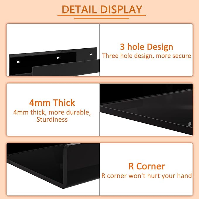 12 Inches Black Acrylic Wall Shelf for Home, 2 Pack, Acrylic Organizer Shelves for Wall, Wall Mounted Storage Display Shelf-NeatNest