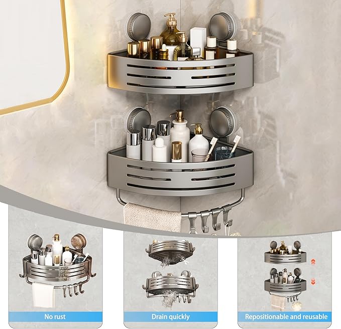 Suction Cup Shower Shelf,Shower Caddy Corner with Hooks and Towel Bar,Wall Hanging Corner Shower Caddy Suction Cup,No Drilling Rust Proof Aluminum Shower Shelf for Toilet & Kitchen(2-Pack,Gray)