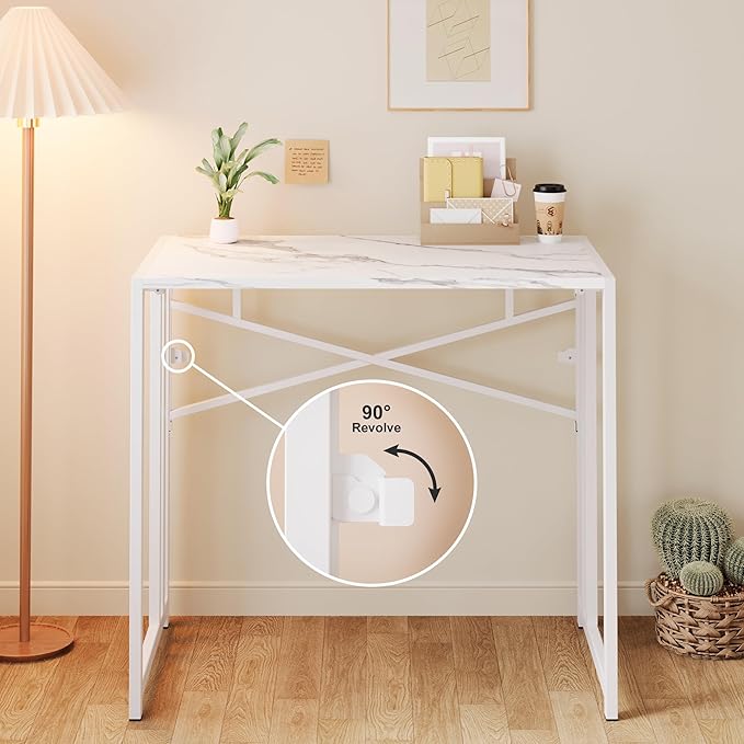35 inch Folding Small Desk, Writing Gaming Computer Camping Desk for Small Spaces, No Assembly Required Home Office Table, White Marble-NeatNest