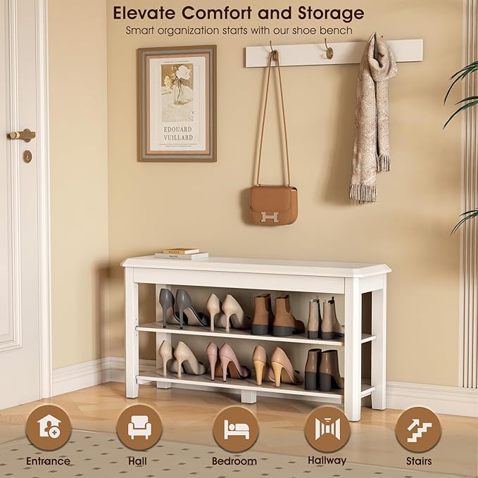 Shoe Rack Bench Seat Rubberwood 2-Tier Wooden Storage Bench 550lbs Compact Mid-Century Modern Design for Entryway, Hallway, Closet, Front Door Entrance, Foyer-NeatNest