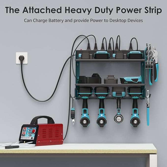 CCCEI Modular Power Tool Organizer Wall Mount with Charging Station. Garage 4 Drill Storage Shelf with Hooks, Drill Bit Heavy Duty Rack, Navy Blue Tool Battery Holder Built in 8 Outlet Power Strip.-NeatNest