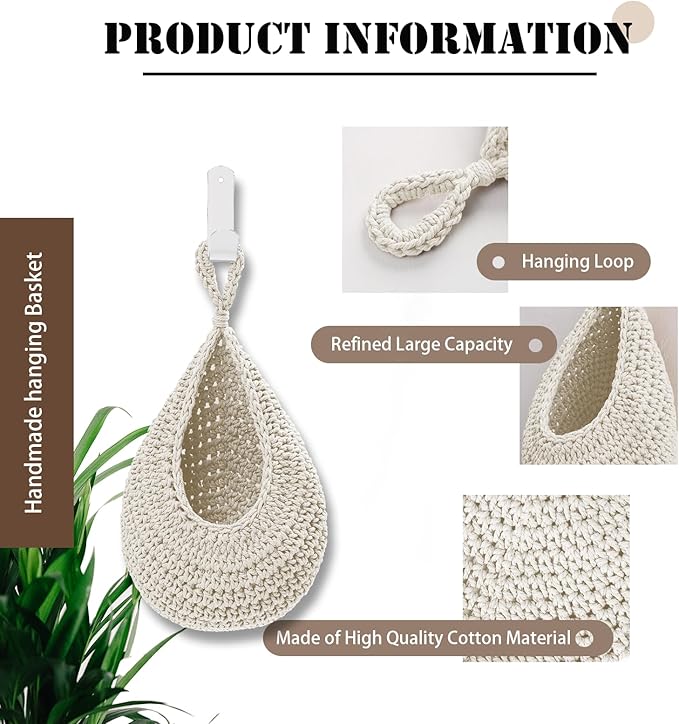 Hanging Fruit Basket Set of 3, Boho Wall Hanging Storage Basket for Organizing, Handmade Teardrop Hammock Holder for Fruit Vegetable in Home & Restaurant Kitchen with Hooks, White Cotton