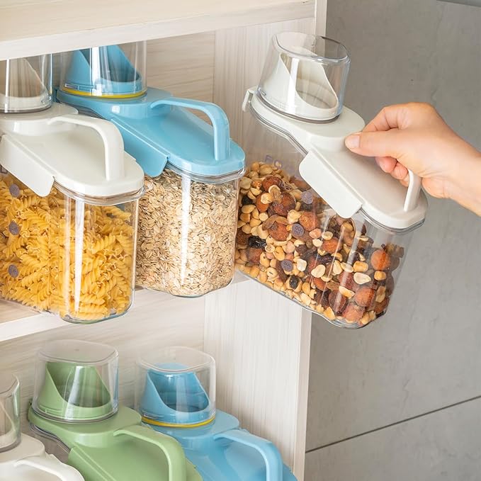 2 PCS Cereal Storage Containers, 1.5L/51oz Dry Food Rice Holder, Pet Dog Cat Food Dispenser with Measuring Cup, BPA Free Clear Plastic Kitchen Pantry Organization Bin, 1 Blue+1 White-NeatNest