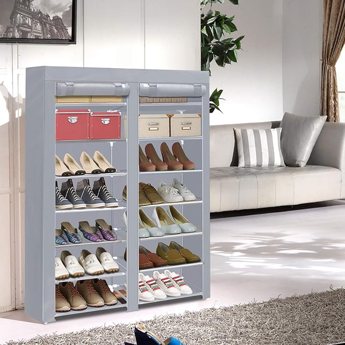 ERONE Shoe Rack Storage Organize, 28 Pairs Portable Double Row with Nonwoven Fabric Cover Shoe Shelf Cabinet for Closet-NeatNest