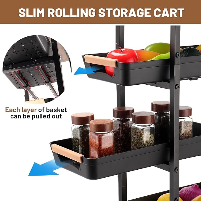 Slim Storage Cart, 5-Tier Narrow Rolling Kitchen Laundry Room Cart with Drawer and Wheels, Metal Utility Cart Slide Out Organizer for Small Spaces (Black)