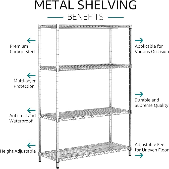 IZEUK 2640 LBS Garage Shelving Wide Storage Shelves 4 Tier Metal Shelves Heavy Duty Adjustable Utility Shelf Rack Chrome 17.7" D x 59.1" W x 70.4" H-NeatNest