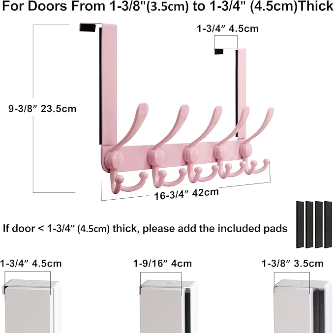 Dseap Over Door Hook 2.0 - Upgraded Version - Simple-Assembly, Strong, Heavy-Duty Stainless Steel 5-Tri-Hook Over The Door Hanger Rack, SimpleStrong Series, Pink, Pack of 2