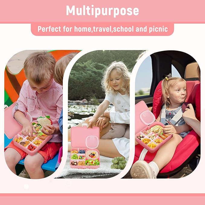 2 Pack Snackle Box Container for Kids,Adjustable Compartments,Reusable Snack Containers with Lids,Easy-Open Latch,Lunch Food Containers,Dishwasher Safe,Leak-Proof Silicone Ring (2 Pack- Pink)-NeatNest