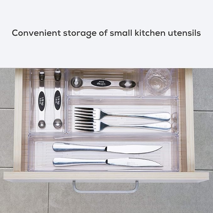 14-Piece Modular acrylic clear drawer dividers and storage bins- 4-Size Clear plastic Drawer Organizer Trays for Vanity,Dresser, Bathroom, Kitchen, Office Gadgets Utensils-NeatNest