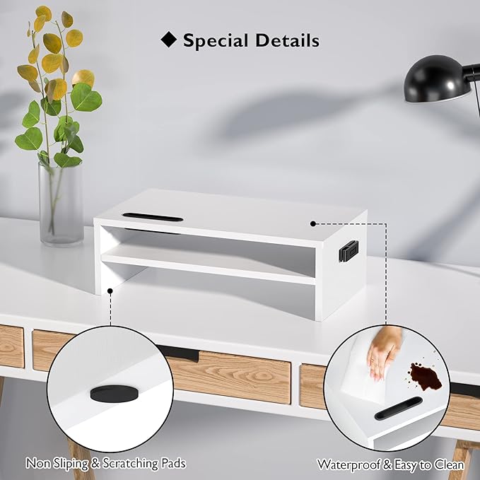 BONTEC Wooden Monitor Stand Riser, 2-Tier Desk Shelf with Storage Organizer, Ergonomic Computer Stand with Cable Management, Cellphone Holder, White, 16.5 Inch-NeatNest