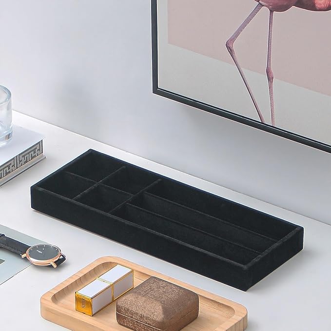 2Pcs Desk Drawer Storage Tray, Nightstand Organizer Tray, Necklace Bracelet Ring Earring Jewelry Display Tray, Grid Table Organizer Holder Tray for Sunglass, Phone, Watch, Perfume (7 grid)/Black-NeatNest