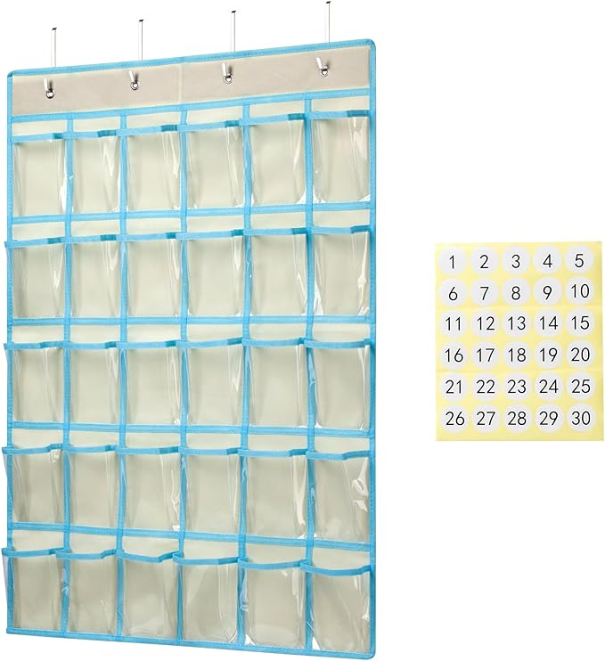KEEPJOY Classroom Pocket Charts for Cell Phone Calculator Holders, Pocket Organizer for Cell phone Jail with 30 Clear Pockets chart Size 33.5 x 24.5 Inch Classroom Pocket Storage (Beige-30pockets)-NeatNest