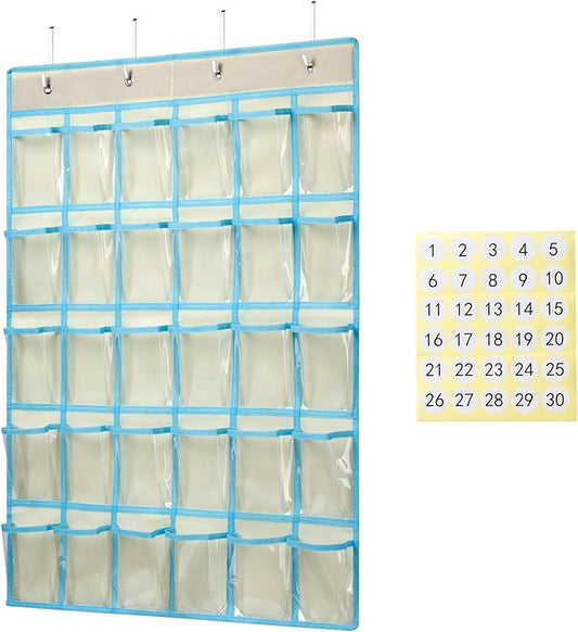 KEEPJOY Classroom Pocket Charts for Cell Phone Calculator Holders, Pocket Organizer for Cell phone Jail with 30 Clear Pockets chart Size 33.5 x 24.5 Inch Classroom Pocket Storage (Beige-30pockets)-NeatNest