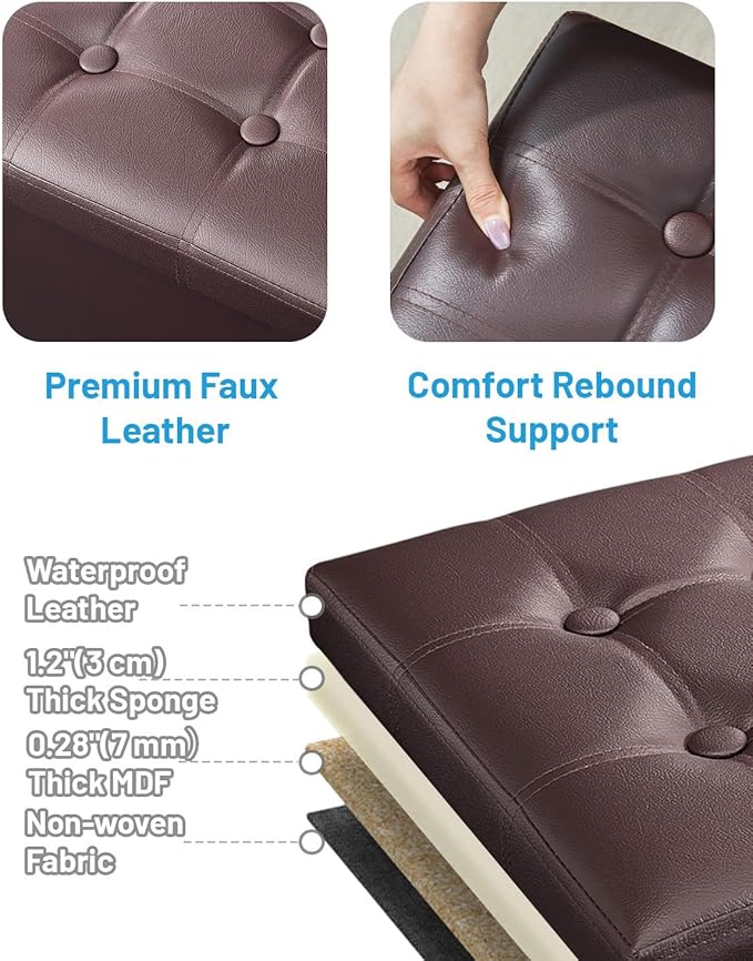 AmasSmile Storage Ottoman Folding Foot Rest Stool with Side Pocket, 16 inch Leather Footstool Bench, Short Ottoman Bench, Storage Foot Rest Store, Books, Brown-NeatNest