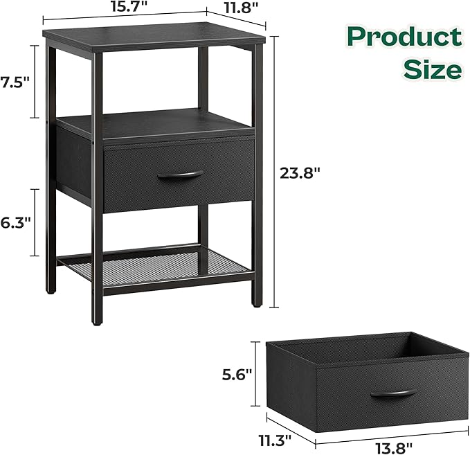 Huuger Nightstand Set of 2, Night Stand with Fabric Drawer, Mesh Shelf, Side Table with Storage, Fabric Drawer Dresser, Open Shelf, Metal Frame, Bedroom, Black
