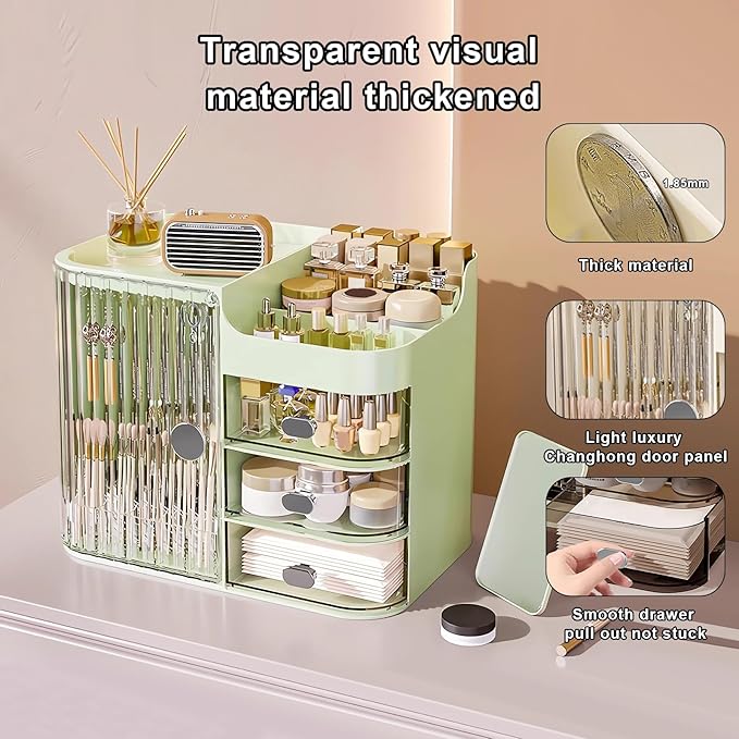 DASITON Makeup Organizer for Vanity,Large Capacity Makeup Storage Organizer with 3-Layer Drawers and Mirror,Cosmetics Display Case Make up Organizers for Vanity,Bedroom,Countertop(Green)