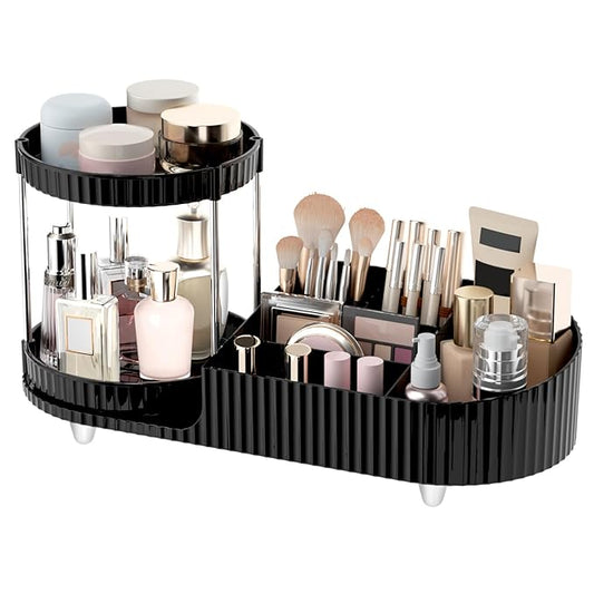 Makeup Organizer Countertop for Vanity with 360 Rotating Perfume Trays, 7-Compartment Skincare Organizers and Make Up Desk Storage, Cosmetic Organizer with Brush Holder for Bedroom Bathroom Counter-NeatNest