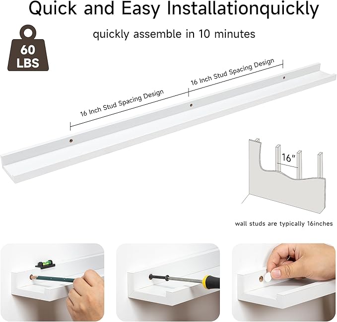 Fun Memories Picture Ledge Shelf, 48 Inch Floating Shelves Set of 2, Large Nursery Book Shelves for Toys Storage, Kids Bookshelf Wall Mounted for Wall Decor Books Photo Frames, White-NeatNest