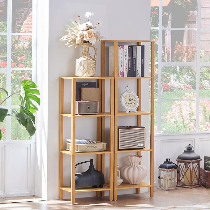 4 Tier Tall Bookshelf with Storage - Small Bookcase for Small Spaces, Shelf for Living Room, Office, Bedroom, Kitchen - Industrial Modern Natural Book Shelf