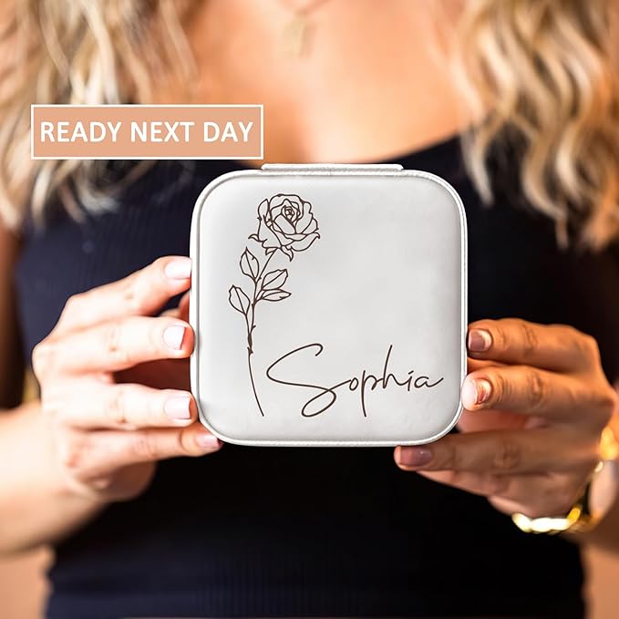DayOfShe Personalized Travel Jewelry Box with Name and Birth Flower for Women Gifts Custom Small Travel Jewelry Case as Bridesmaid Proposal Gifts, Personalized Gifts for Women-NeatNest