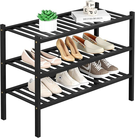 3 Tier Bamboo Shoe Rack for Closet Free Standing Wood Shoe Shelf Storage Organizer for Entryway Small Space Stackable 27"x11"x20" (Black)-NeatNest