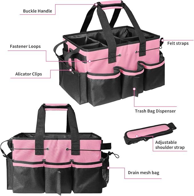 Grekos Wearable Cleaning Caddy Bag, Cleaning Caddy Suppliers Organizer with 4 Foldable Dividers, Handle & Shoulder Straps Cleaning Tool Organizers for Cleaners & Housekeeper (Pink)