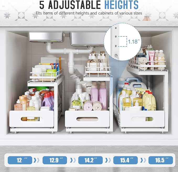 2 Pack 21 IN Depth Pull Out Cabinet Storage With Smooth Rails,2-Tier Dual Pull Out Cabinet Storage For Bathroom Kitchen,Under Sink Shelf-White-NeatNest