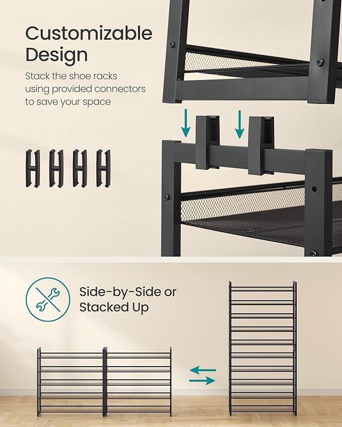 SONGMICS Shoe Rack, 10-Tier Shoe Organizer, Metal Rack for Garage, Set of 2, 5-Tier Stackable Shelf, with Adjustable Flat or Angled Shelves, 40-50 Pairs, Ink Black ULMR010B01-NeatNest