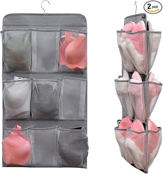 2 Pcs Closet Organizer Dual Sided Hanging Shoe Storage Bag Underwear Socks Holder with 18 Pockets (MESH POCKETS)-NeatNest