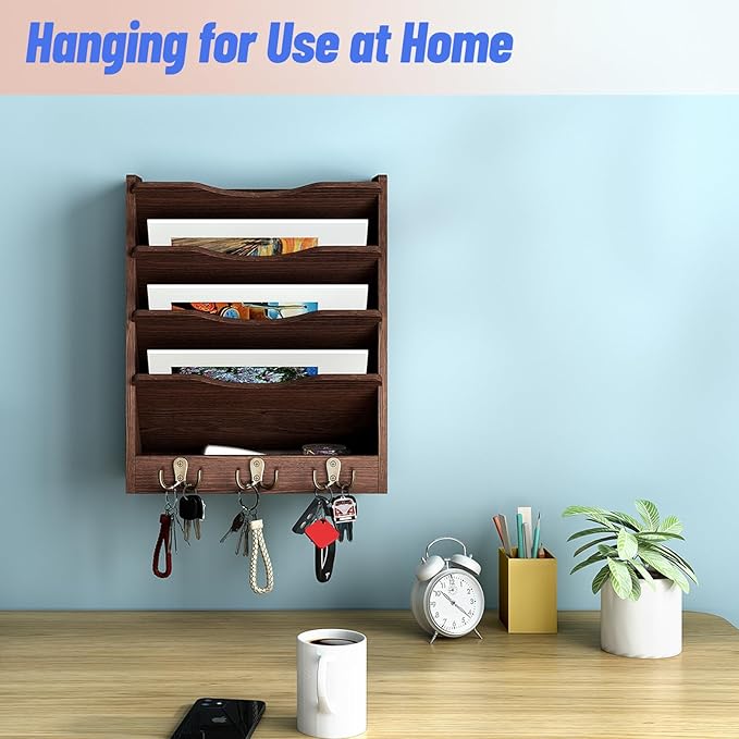 5 Tier Hanging Wall File Holders Letter Size Wall File Organizer Wood Mail Organizer with 6 Hooks, Brown
