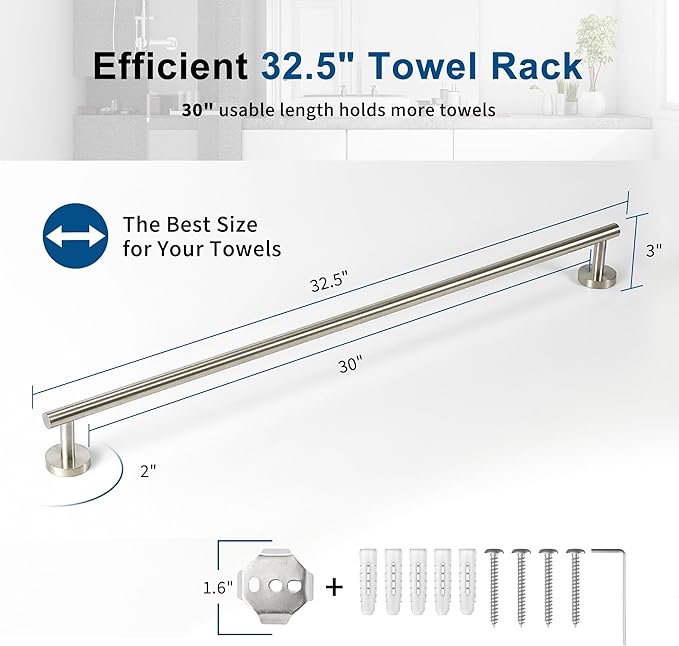 Brushed Nickel Towel Bar, 30 Inch Towel Racks for Bathroom Wall Mounted, Thicken SUS304 Stainless Steel Heavy Duty Hand Towel Holder Organizer, Bathroom Accessories, Total Length 32.5 Inch-NeatNest