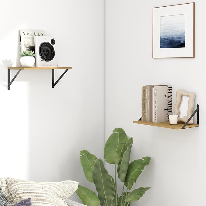 Fun Memories Deep Floating Shelves for Wall, 16W x 8D Wall Mounted Shelves Set of 2, Wide Display Ledge Shelf with Sturdy Metal Brackets for Living Room, Bathroom, Bedroom and Kitchen, Oak-NeatNest