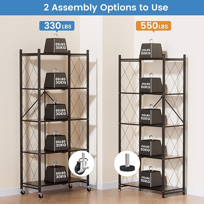 ALANNG 70.7" H Metal Storage Shelves, 5 Tier Folding Shelf on Wheels, Heavy Duty, No Assembly, Rolling, Collapsible Rack Unit for Kitchen, Basement, Pantry (Black,3 Pack)