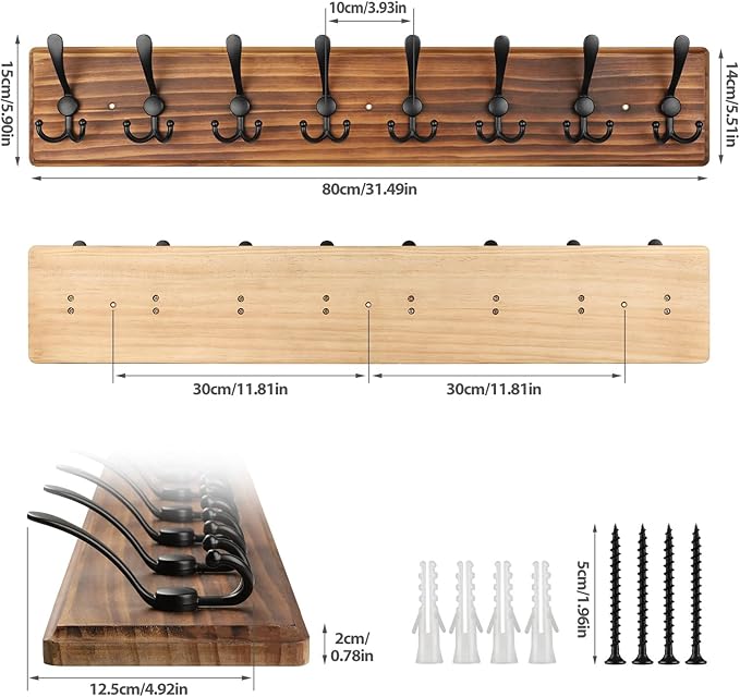 Coat Rack Wall Mount, Wooden Heavy Duty Coat Rack for Wall,8 Triple Coat Hanger Hooks for Hanging Coats,Jacket,Hat,Clothes (Brown, 8 Hooks)-NeatNest