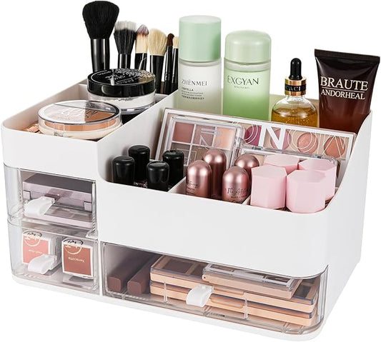 KLGO Makeup Organizer and Storage Cosmetic Display Case With 3 Clear Drawers Skincare Organizer for Bathroom Make Up Stand for Vanity Lipsticks, Jewelry, Nail Care, Eyeshadow, Skincare-NeatNest