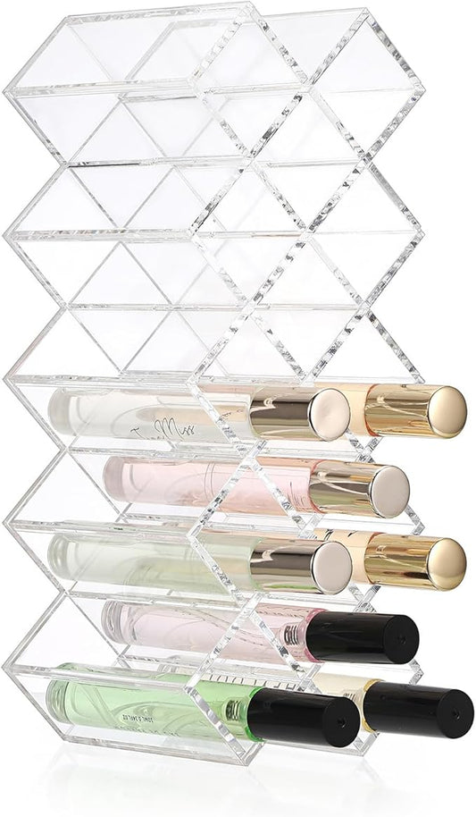 ELLDOO Rollerball Perfume Organizer, 14 Spaces Clear Acrylic Perfume Storage Holder Beauty Scent Holder, Stackable Makeup Lipgloss Lipstick Display Case Lip Gloss Storage Stand-NeatNest