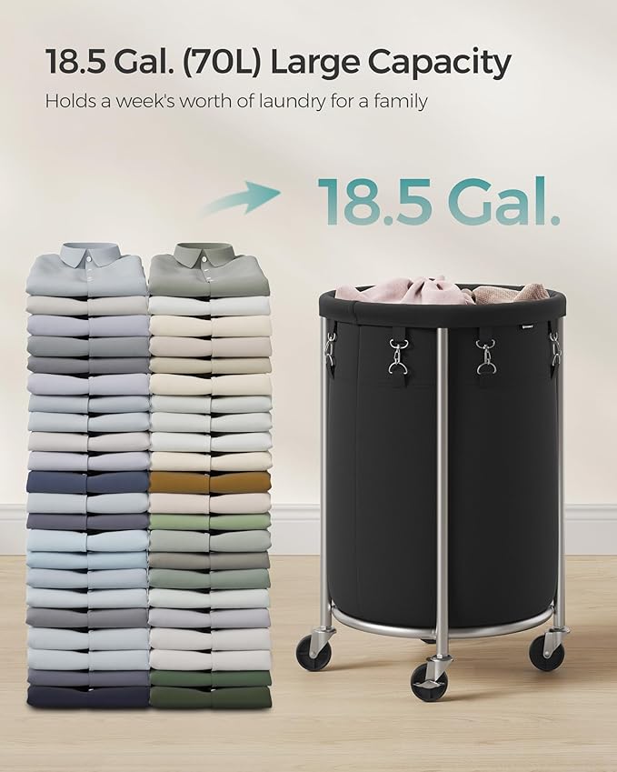 SONGMICS Laundry Basket with Wheels, Rolling Laundry Hamper, 18.5 Gal., Round Laundry Cart with Steel Frame and Removable Bag, 4 Casters and 2 Brakes, Black and Silver URLS006B01