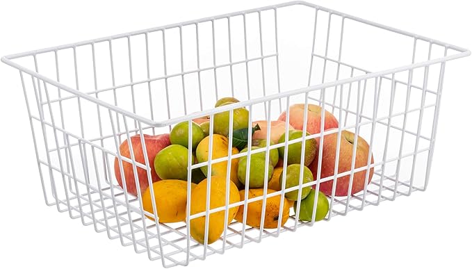 iPEGTOP Wire Storage Freezer Baskets, Set of 2 Large 15.4" Household Metal Organizer Storage Bins Basket for Kitchen Cabinets, Refrigerators, White