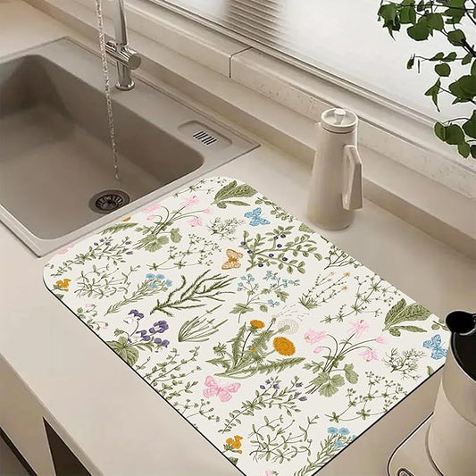 Herb Wild Flowers Butterfly Dish Drying Mats Super Absorbent Dish Drainer Rack Pad Non-Slip Drying Mat for Kitchen Counter, 24"x16"