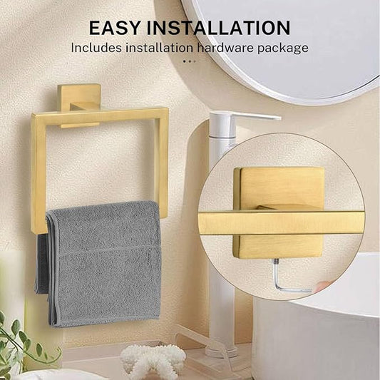 Brushed Gold Towel Ring,Square Hand Towel Holder,Towel Hanger, Bathroom Hardware Accessories,SUS 304 Stainless Steel Wall-Mounted-NeatNest