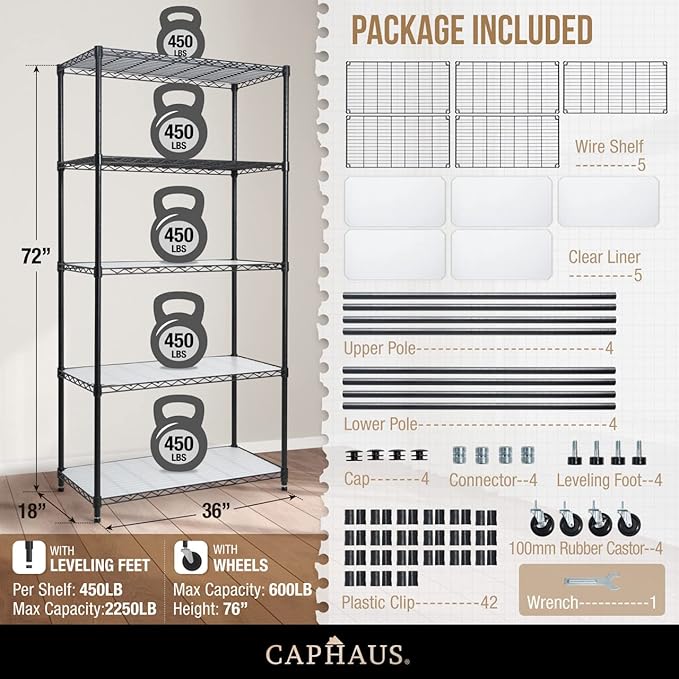 CAPHAUS NSF Commercial Grade Heavy Duty Wire Shelving w/Wheels, Leveling Feet & Liners, Storage Metal Shelf, Garage Shelving, Utility Wire Rack Storage Shelves, w/Liner, 36 x 18 x 76 5-Tier-NeatNest
