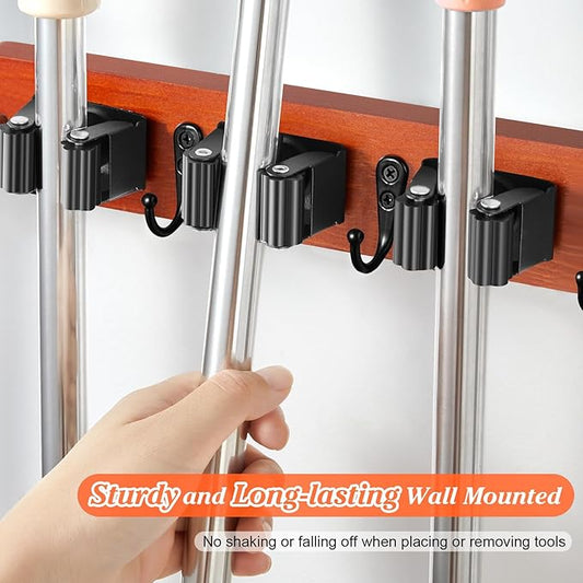Brown Broom Holder Wall Mount - Heavy Duty Wood Mop and Broom Organizer with 5 Slots & 4 Hooks - Tool Hanger for Laundry Room Closet Kitchen Garage Storage and Organization - for Rusic farmhouse Decor-NeatNest