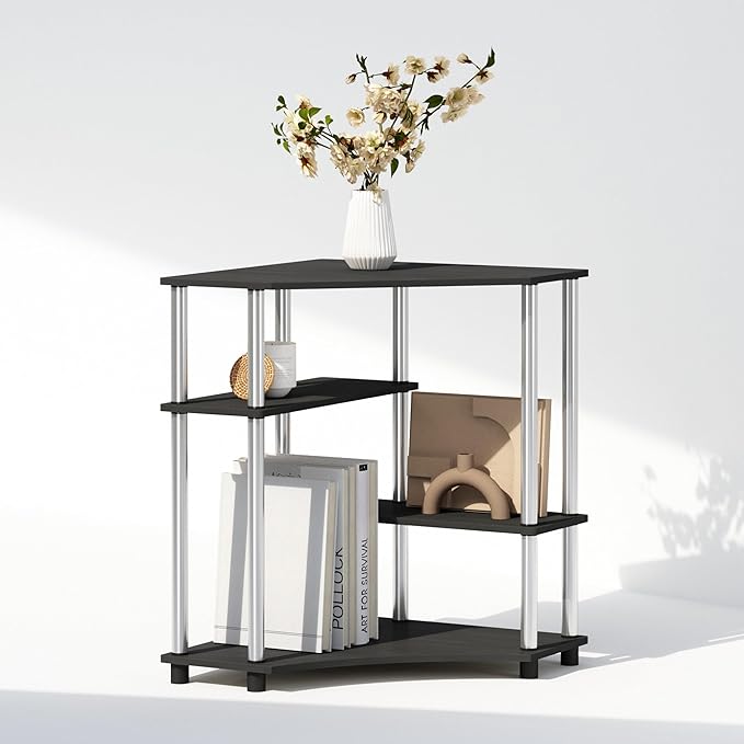 Furinno Turn-N-Tube Multipurpose Corner Shelf, Display Rack, Bookshelf, Americano, Stainless Steel Tubes-NeatNest