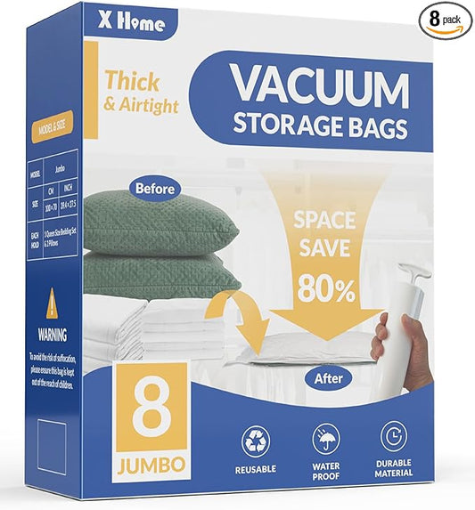 8 Pack Jumbo Vacuum Storage Bags, 80% Space Saver Vacuum Seal Bags for Clothing Bedding, Blankets, Comforters, Duvets, Quilts, and Pillows, Vacuum Compression Bags with Travel Hand Pump-NeatNest