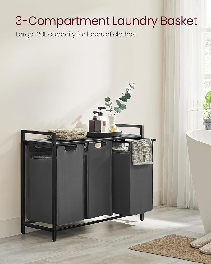 VASAGLE Laundry Hamper, Laundry Basket, Laundry Sorter with 3 Pull-Out and Removable Bags, Shelf, Metal Frame, 3 x 10.6 Gallons (40 L), 36.4 x 13 x 28.4 Inches, Slate Gray and Charcoal Gray UBLH301G01-NeatNest