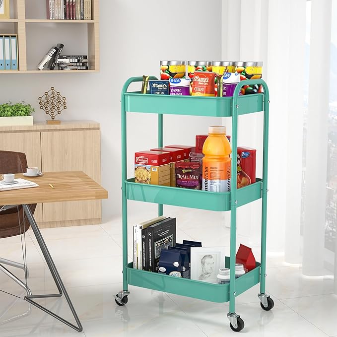3-Tier Rolling Metal Storage Cart with Wheels, Multi-Functional Organizer for Office, Kitchen, Bathroom, Books Diapers - Easy Assembly (Blue)-NeatNest