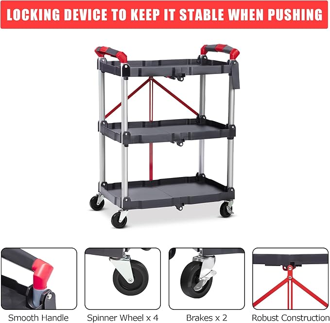 3-Tier Foldable Utility Service Cart, 167Lbs Heavy Duty Collapsible Service Rolling Cart with 2X360° Swivel Lockable Wheels,Portable Tool Cart for Kitchen Office Restaurant Garage Salon