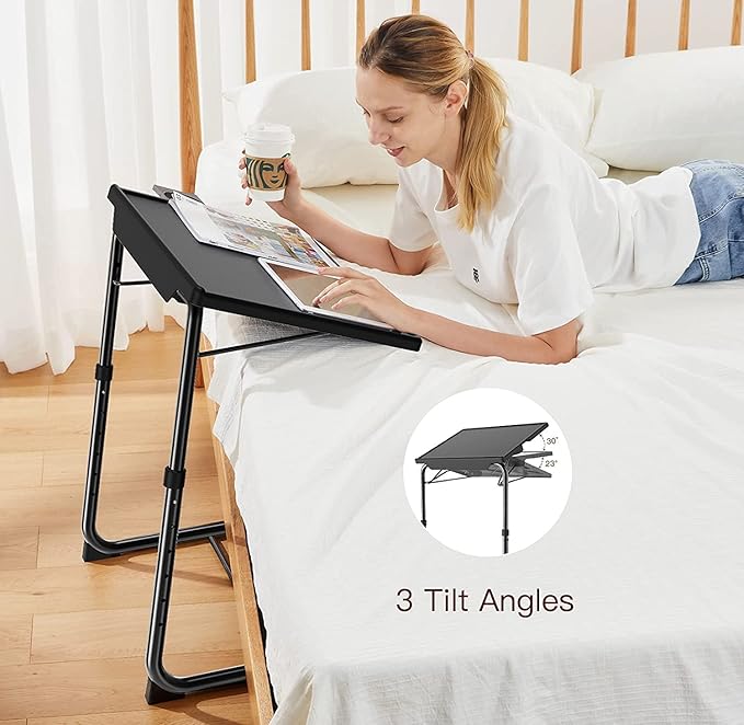 Adjustable TV Tray Table - TV Dinner Tray on Bed & Sofa, Comfortable Folding Table with 6 Height & 3 Tilt Angle Adjustments (Black)-NeatNest