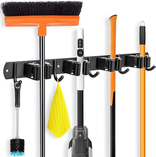 IMILLET Broom and Mop Holder Wall Mounted, Stainless Steel Broom Organizer Heavy Duty Tools Organizer Self Adhesive Mop Holder for Home Laundry Room Garage Garden (4 Racks and 5 Hooks)-NeatNest